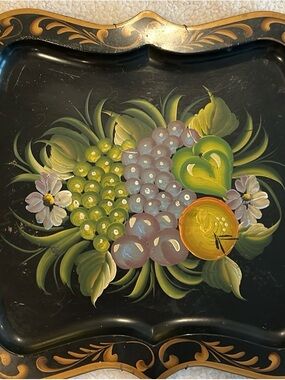 Vintage Hand-Painted Black Floral Fruit Art Tray - Green, Purple, Yellow